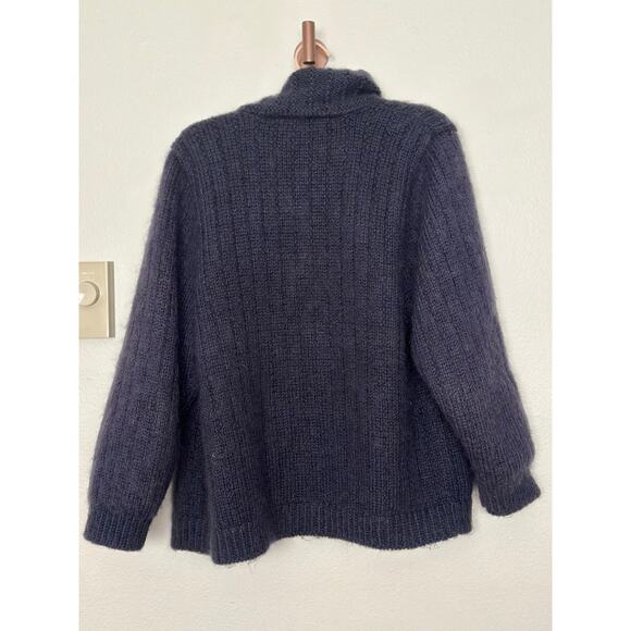 Vintage Mohair Medium Jacket Navy Button Up Cardigan Sweater Collared Cable Knit - Picture 5 of 7